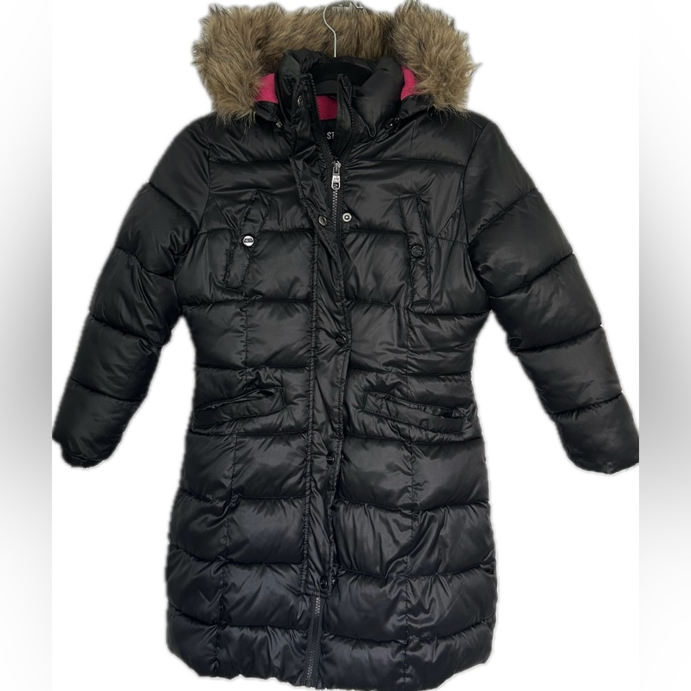 STEVE MADDEN Girl’s Puffer Coat Blk/Hot Pink Lining Fur Trim‎ Detach Hood S(7/8)